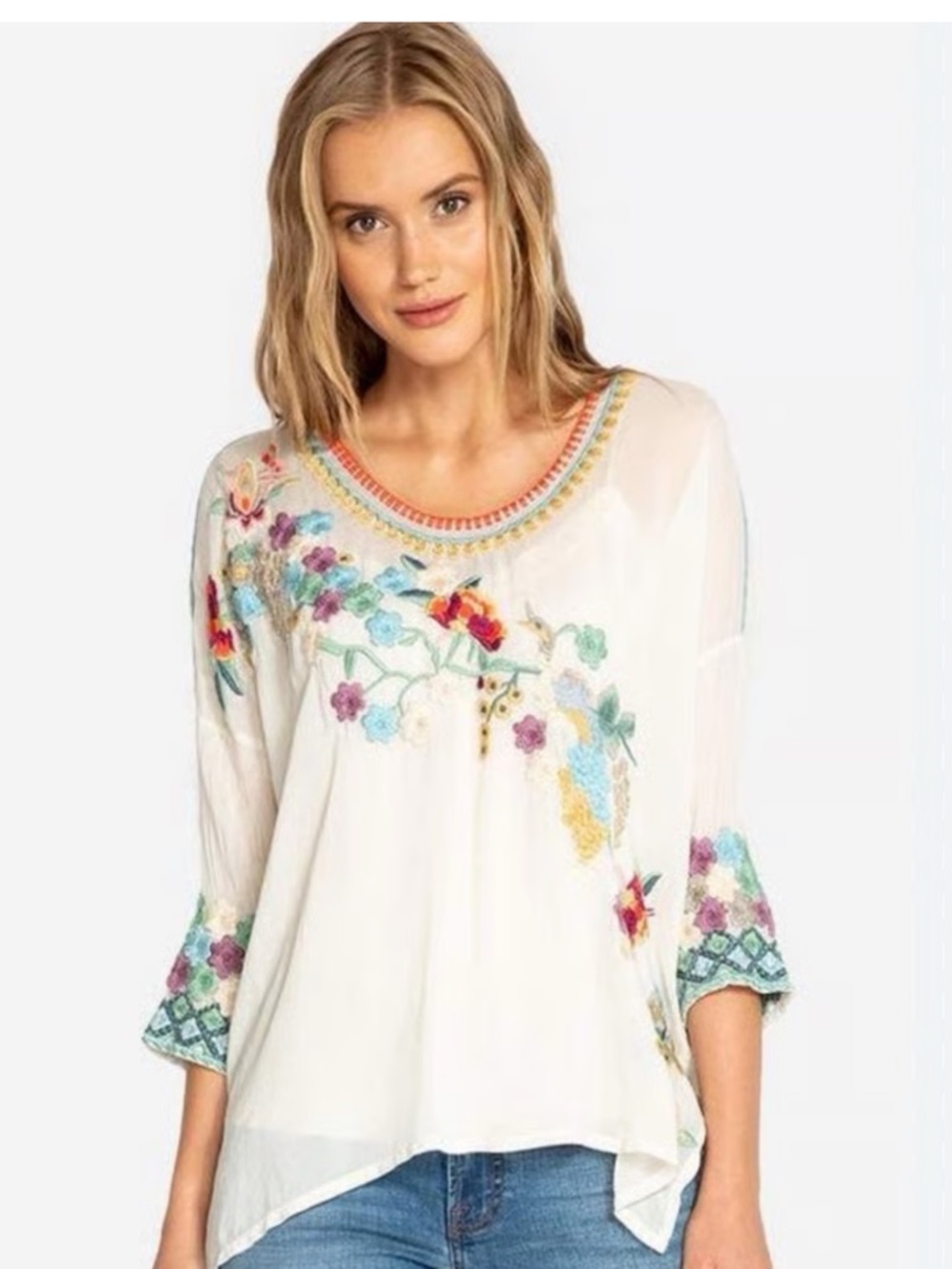 Johnny Was White Embroidered Floral V-Neck Blouse